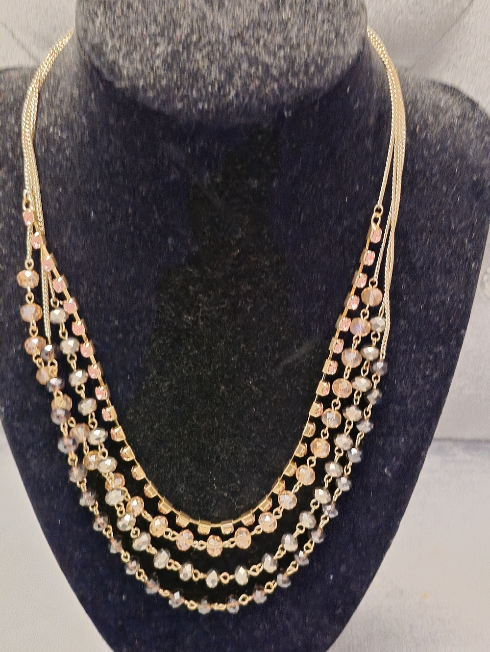 Gold-Tone Layered Pink & Clear Beaded Necklace